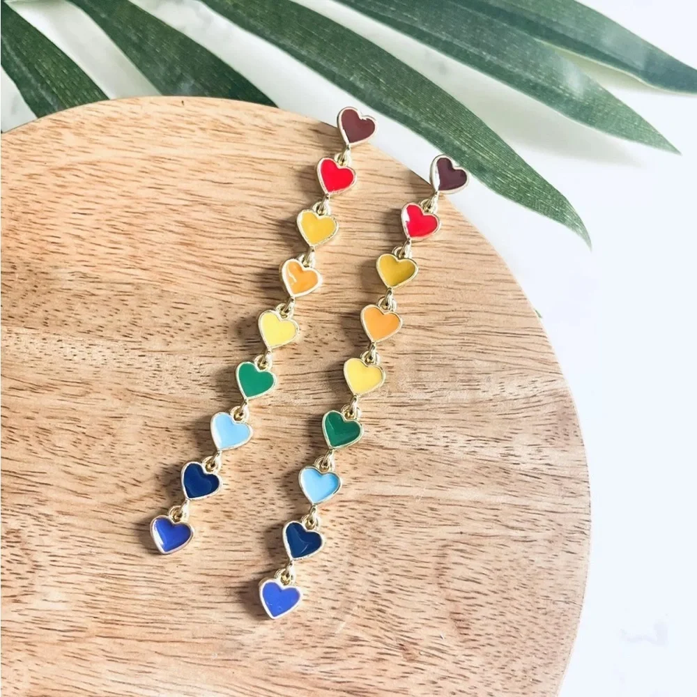 2/$30🌵 Mini Rainbow Heart Dangle Earrings Boho Minimalist Colorful Kawaii NEW